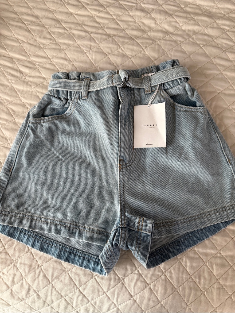 KanCan Light Wash High Waist Paperbag Denim Shorts with Belt